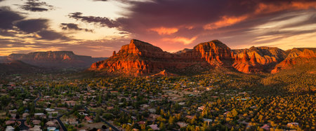 Sedona, Arizona USA. Aerial drone sunset panoramaの写真素材