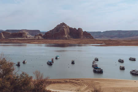 Houseboats on Lake Powell, Arizona, USA.の写真素材