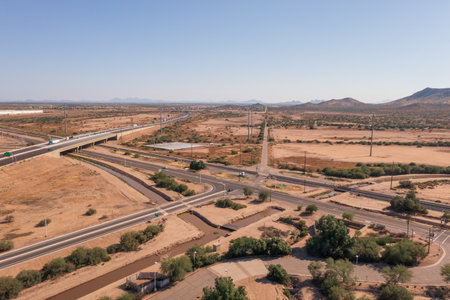 High angle perspective of freeway near Casa Grande, Arizona.の写真素材