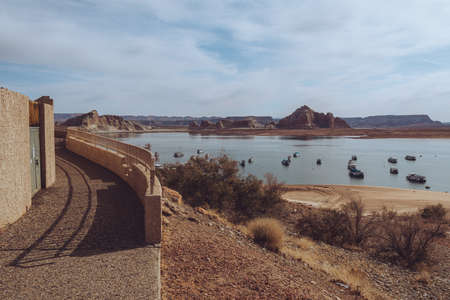 Marina and shoreline at Lake Powell, Arizonaの写真素材