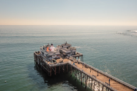 Drone view of famous Malibu Pier in Malibu, Californiaのeditorial素材