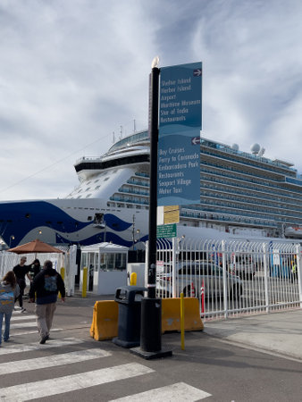 Travelers in front of the cruise ship terminal in San Diego, California.のeditorial素材
