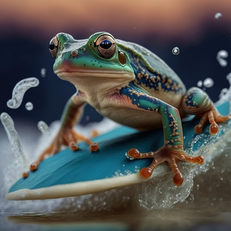 Frog surfing a wave on a surfboard, closeup.の素材