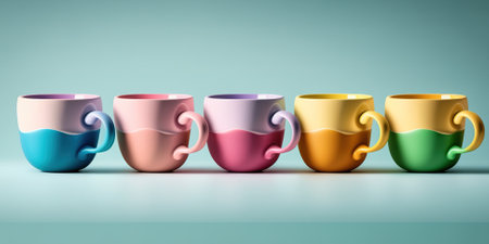Colorful mugs on a blue background with copy space. Tea or coffee time.の素材