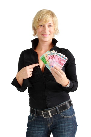Young woman happy with money in her handsの写真素材