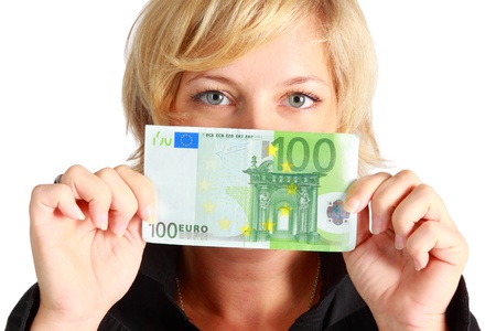 Young woman with 100 Euro banknoteの写真素材