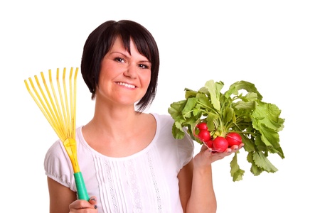 Young woman harvesting fresh radishesの写真素材