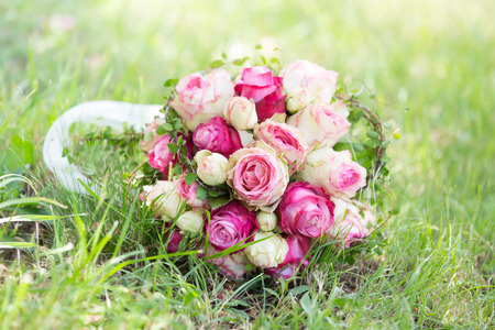 Natural bouquet of wedding flowers in pinkの写真素材