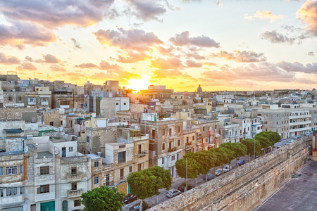View to Valletta during sunrise, capital city of Maltaの写真素材