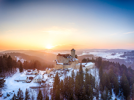 Aerial view during winter onto the Rappottenstein Castle in the Lower Austria Waldviertel region.のeditorial素材