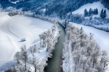 Aerial view to Enns river in Ennstal, Styria, Austria during winterの写真素材