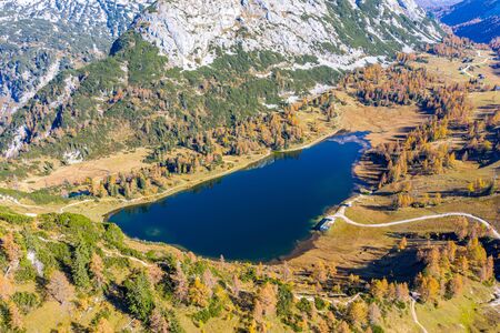 Tauplitz lake GroÃŸsee in the Austrian Alps during a beautiful day in autumn.