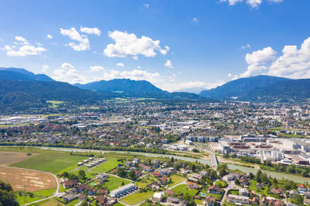 Villach in Carinthia. Aerial panoramic view to the small famous town in the South of Austria during summer.の写真素材