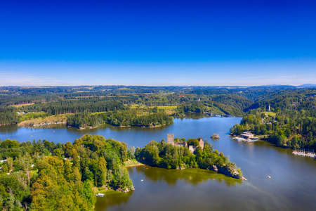 Ottenstein reservoir and Lichtenfels in Waldviertel, Lower Austria. Aerial view to the lake and the...