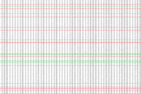Highly complex digital data spreadsheet with decimal numbers. Some lines marked red and green.の写真素材