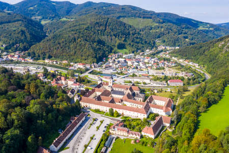 Lilienfeld Abbey, a Cistercian monastery in Lower Austria. Aerial view to the historic landmark and the city.のeditorial素材