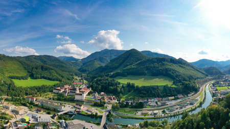 Lilienfeld in Lower Austria. Aerial view to the abbey monastery and the Traisen river and the Muckenkogel mountainのeditorial素材