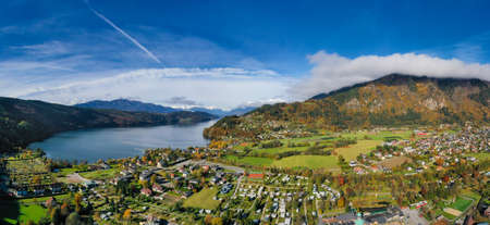 MillstÃ¤tter See and DÃ¶briach. Beautiful lake in Carinthia in the Austrian Alps during autumn time.の写真素材