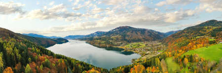 MillstÃ¤tter See and DÃ¶briach. Beautiful lake in Carinthia in the Austrian Alps during autumn time.の写真素材