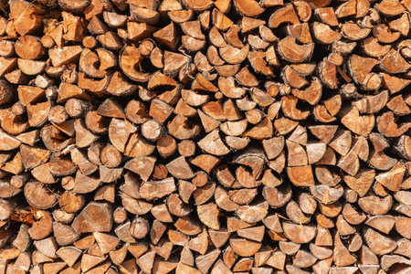 Pile stacked natural wood logs. Background of a wall made of firewood. Traditional way to prepare for heating during the winter.の写真素材