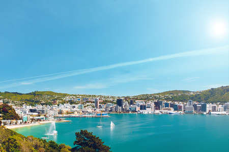 Wellington in New Zealand. Cityview during summer from Mount Victoria into the bay of the capital.の写真素材