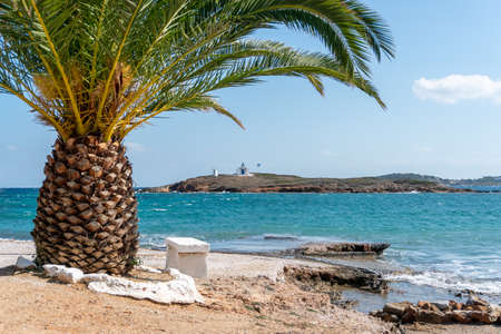 Greek Aegean Sea with a palm tree and small island with an orthodox church. Beautiful scenic travel destination in South Europe.の写真素材