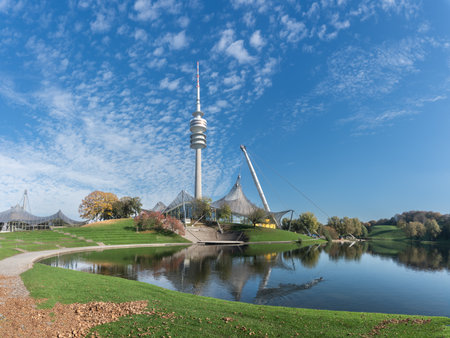 Munich Olympic Tower and Olympic Hall in Germany during summer and autumn.の写真素材