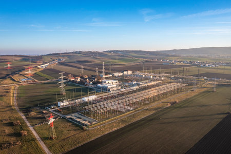 Aerial View of a Power Distribution Center. Electricity Infrastructure, Grid Network, and Energy Supply Hub from Aboveの写真素材