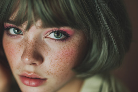 Close-Up Portrait of a Young Woman with Frecklesの素材