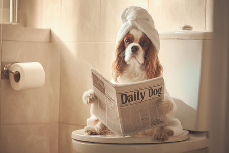 Funny Cavalier King Charles Spaniel Reading Newspaper in Bathroomの素材
