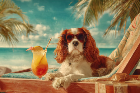 Cute Cavalier King Charles Spaniel relaxing on beach lounger with sunglasses and tropical cocktail under palm treesの素材