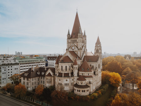 St. Francis of Assisi Church in Vienna Surrounded by Autumn Colorsの写真素材