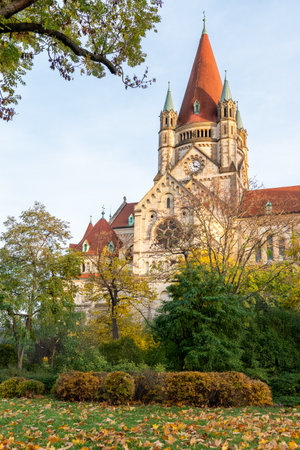 St. Francis of Assisi Church in Vienna Surrounded by Autumn Colorsの写真素材