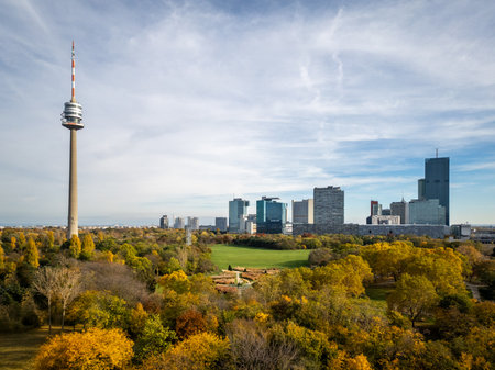 Donaupark in Vienna with the Danube Tower and Modern Skylineの写真素材