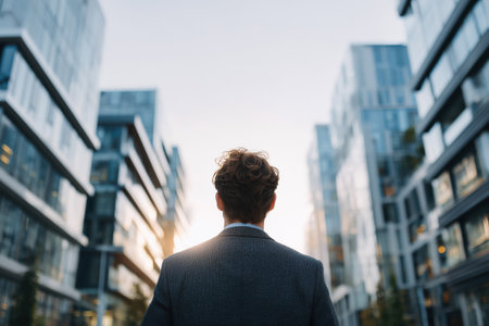 Businessman Standing in Modern City Street Looking Toward Sunrise, Symbol of Ambition, Future and Urban Successの素材