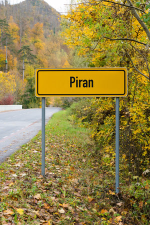 Piran Road Sign on the Slovenian Coastの写真素材