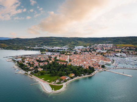 Panoramic Aerial View of Izola, a Historic Coastal Town on the Slovenian Adriatic Seaの写真素材