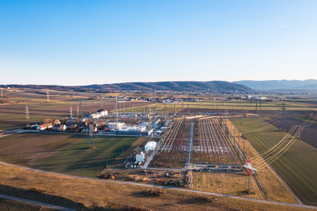 Aerial View of a Power Distribution Center. Electricity Infrastructure, Grid Network, and Energy...