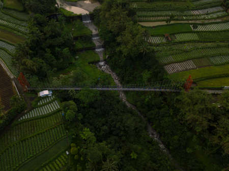 Metal suspension bridge built over a ravine with a river and terraced waterfall at the bottom. It...