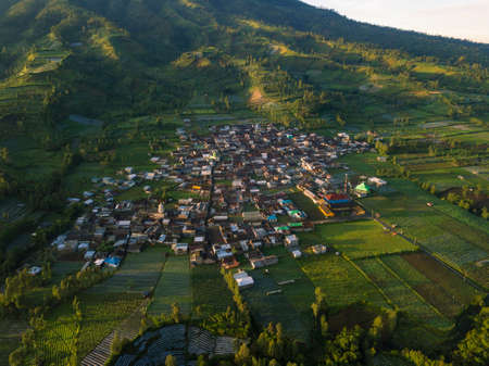 House of the countryside on the slope of Mount Sumbing with slightly foggy weather in the morning....