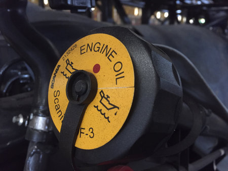 Engine oil cover of SCANIA transportation busのeditorial素材