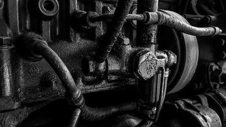 Close up Old rusty generator engine.  black and white photoの素材 [FY310189406304]