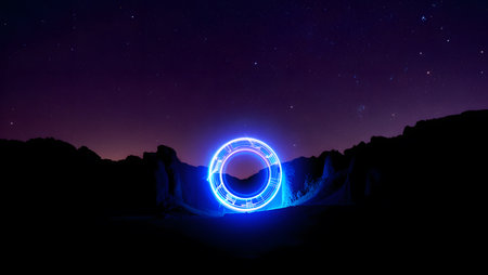 Neon circle in the night sky with stars. 3d renderingの素材