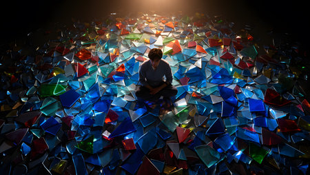 Man meditating in a lotus pose in front of colorful glass mosaicの素材