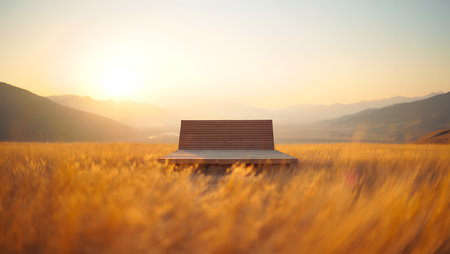 Wooden bench on wheat field at sunset. Beautiful nature background.の素材