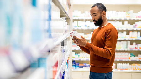 african american man choosing medicine in drugstore and using smartphoneの素材
