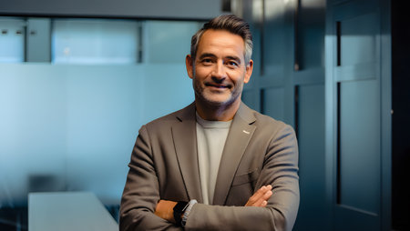 Portrait of a smiling businessman with arms crossed looking at camera in officeの素材