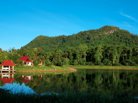 A reservoir in Chaloem Phra Kiat Rama 9 Public Park in Chumphon province, Thailandの写真素材