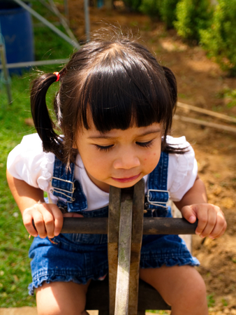 2-year-old Asian-Caucasian girl plays on a seesawの写真素材