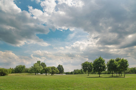 Blue sky, green grass and park in Moscow, Russiaの写真素材